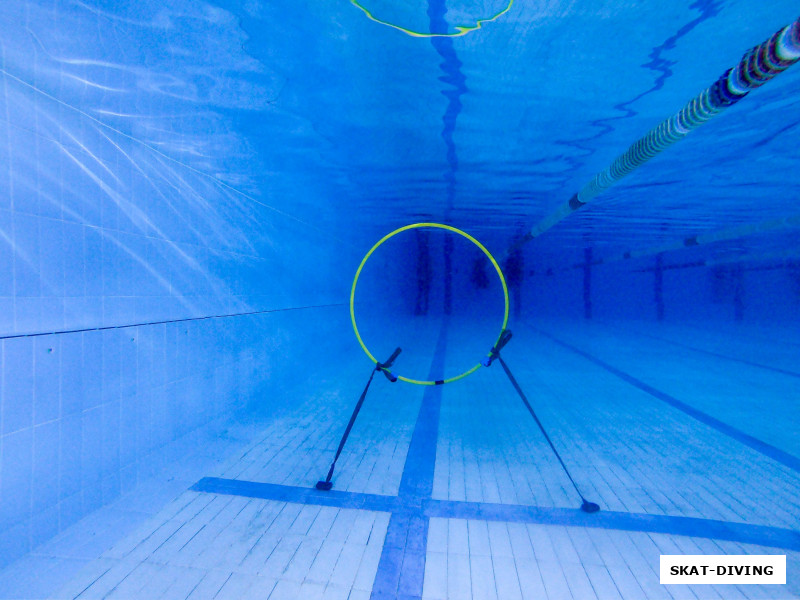 Дистанция 100 метров, от стенки до стенки и назад, по пути два достаточно узких кольца, с глубокой части нужно запустить буй, за касание дна, неправильное прохождение колец, нежелание одевать SCUBA под водой начисляются штрафные баллы