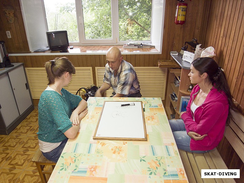 Пупанова Елена, Крохина Наталья, внимательно относятся к брифингу перед погружением