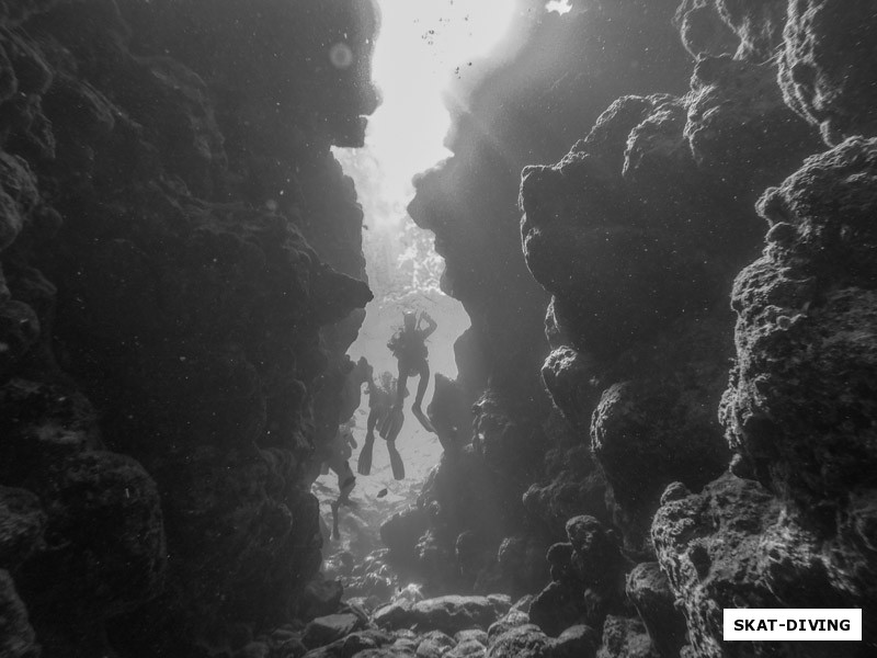 Дайверам предстоит пройти по узкому красивому коридору до глубины 23 метров, где пройдя под небольшим навесом они окажутся у вертикально уходящей вниз стенки рифа