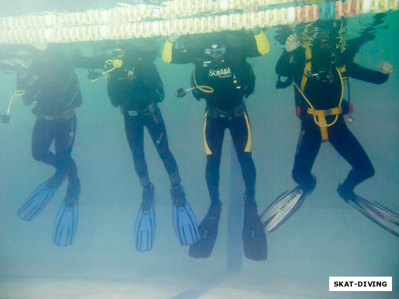 Погружение начинается с того, что интродайверы, опустив лицо в воду, учатся дышать из акваланга