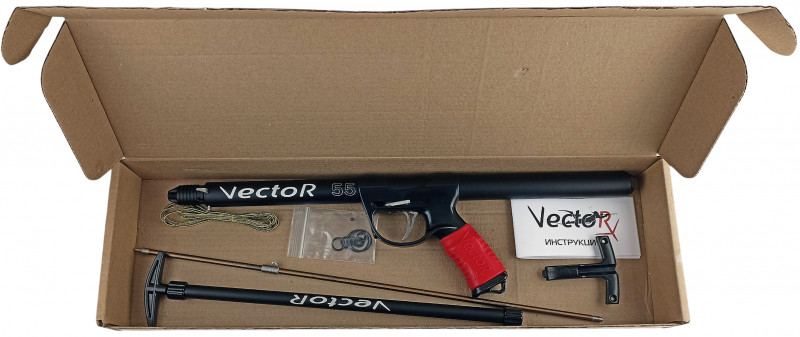 Продается в фирменной картонной коробке производителя. В комплекте есть практически все необходимое для начала охоты (ружье, гарпун с бегунком, насос, линь, заряжалка, ЗИП, инструкция). Не хватает только наконечника и приличного чехла.