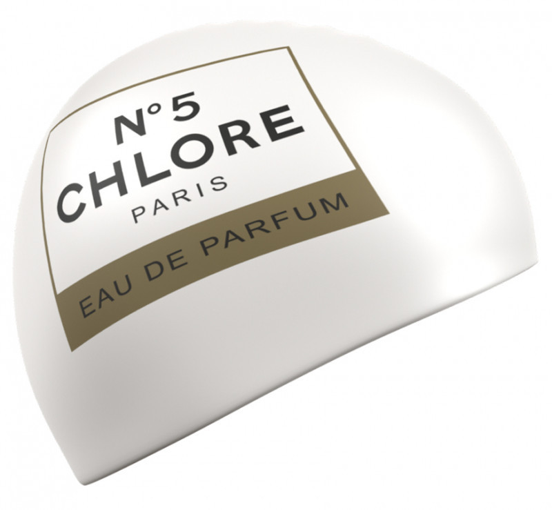 Белая силиконовая шапочка с узнаваемой эмблемой одного знаменитого бренда и каплей юмора профессиональных пловцов.