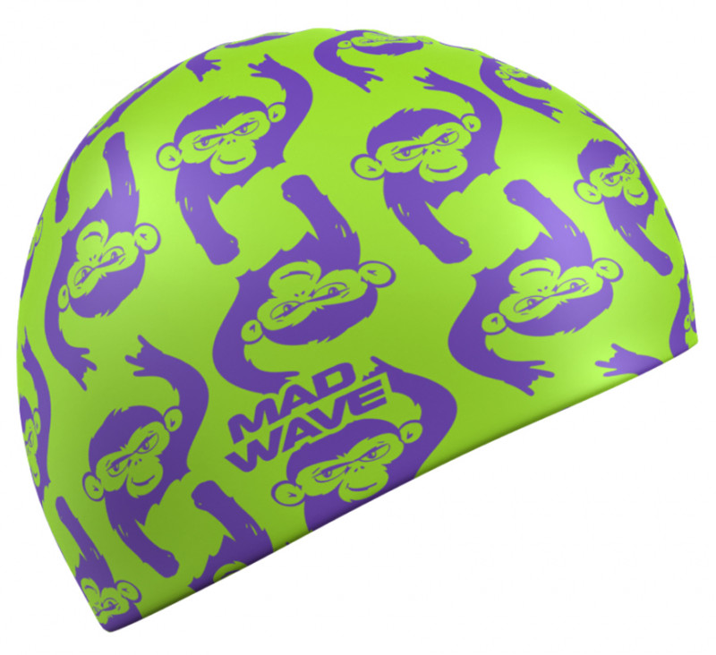 Яркая зеленая шапочка с забавными обезьянками. Лишний раз напомнит о том, что труд сделал из обезьяны человека, а из пловца - чемпиона.