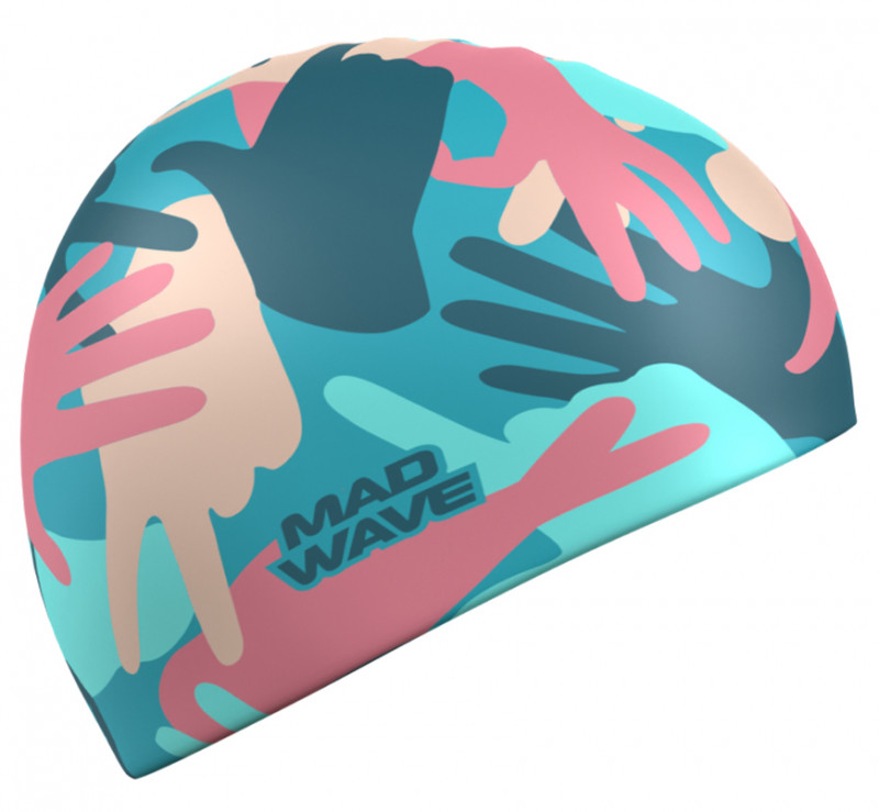 Стильная силиконовая шапочка с рисунками разноцветных рук и жестов - прекрасный выбор для тренировок.