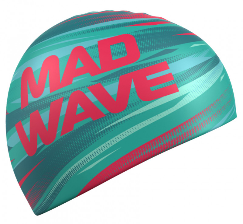 Шапочка с рисунком, напоминающим морские волны на закате и большой надписью с названием отличного бренда товаров для плавания - вариант, который подойдет всем, независимо от пола и возраста.
