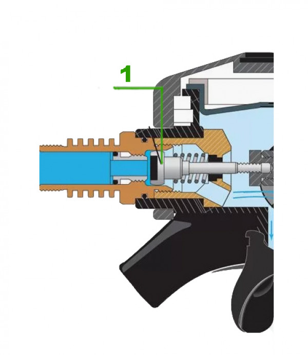 Клапан отвечает за герметичность регулятора в момент, когда вы из него не дышите, на условной схеме в фото-описании посадочное место такого клапана обозначено цифрой 1.