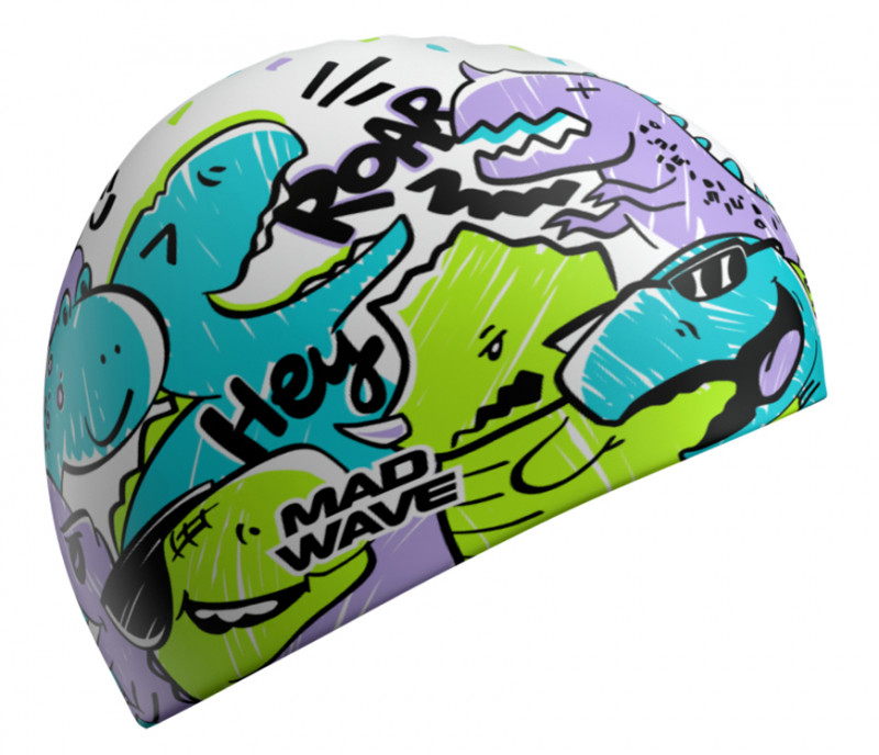 Веселые цветные динозаврики на шапочке поднимут настроение на тренировке даже в самый пасмурный день.