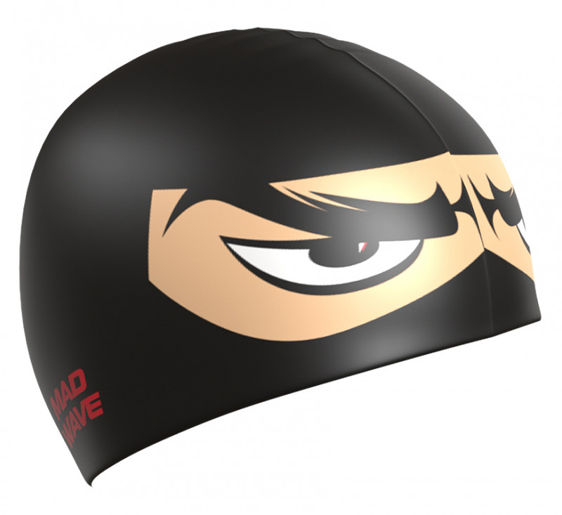 Дизайн шапочки «NINJA» сделан так, чтобы при опускании лица в воду над поверхностью оставались нарисованные глаза. Для большего устрашения можно надевать шапку глазами на затылок.