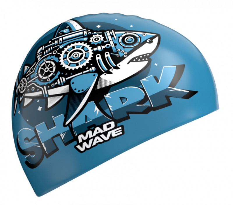 Синяя шапочка с механической акулой станет прекрасным спутником юных пловцов-инженеров.