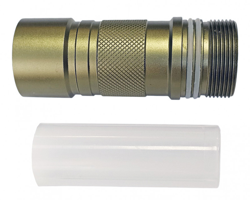 Продается вместе с переходником для аккумуляторов «18650» и двумя силиконовыми О-рингами.