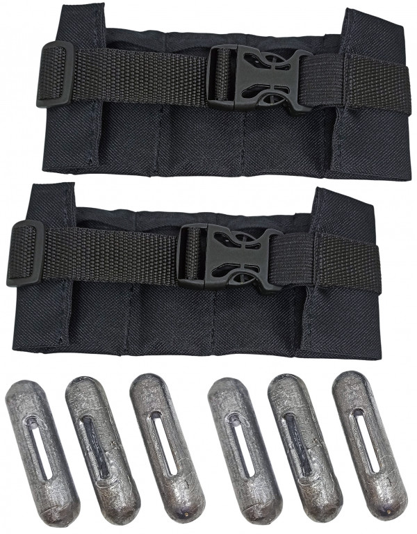 Покупая у нас, вы приобретаете комплект из 6 свинцовых грузов весом около 190 грамм каждый, двух пряжек, двух лент с шестью карманами на каждой, 2 застежек «фастекс».