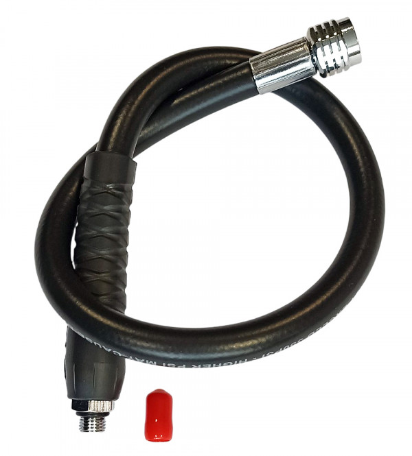 Качественный профессиональный резиновый шланг для подключения второй ступени регулятора к первой. Несмотря на заявленные 55см, длина после вкрутки в первую ступень - около 54.5см.