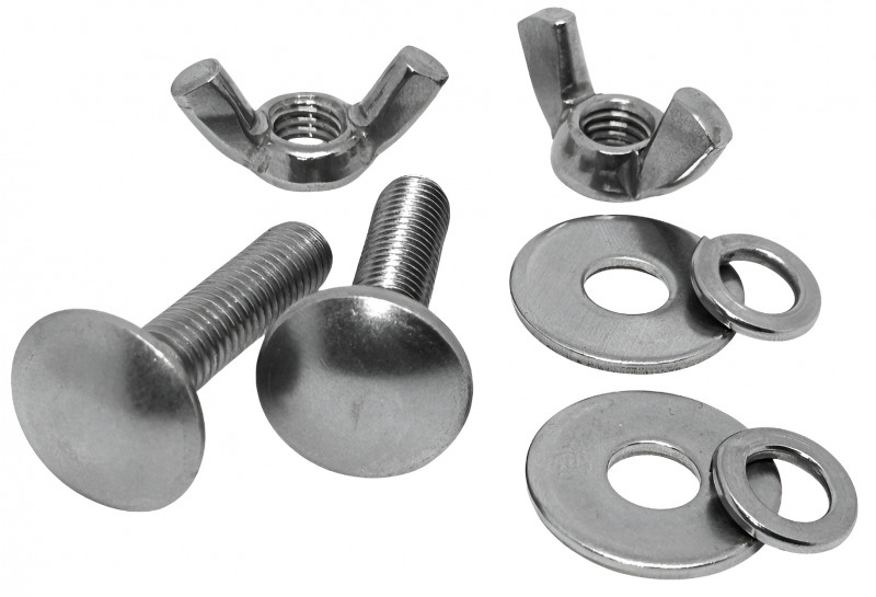 Цена указана за комплект: болт - 2 шт., шайба - 2 шт., гровер - 2 шт., гайка-барашек - 2 шт. Все детали изготовлены из качественной нержавеющей стали.