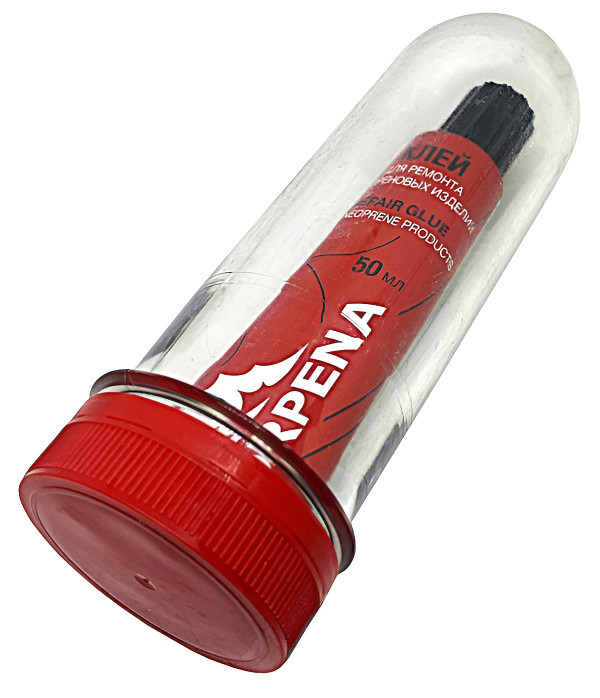 Профессиональный клей для изделий из неопрена от компании SCORPENA в универсальном герметичном контейнере для знающих толк в классных вещах подводников.