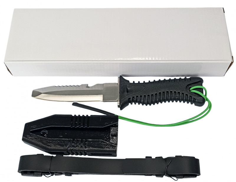 Продается в аккуратной картонной упаковке. В комплекте нож, ремешок (темляк) на руку, ножны с магнитом и пара резиновых ремешков для крепления на руку или ногу. Размер каждого ремешка - примерно 50х1.7х0.2см.
