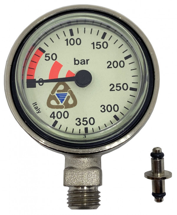 Классический манометр для дайвинга с белым циферблатом и контрастными, хорошо заметными при дневном освещении надписями. Прочный никелированный латунный корпус позволяет использовать его даже без защитного кожуха.