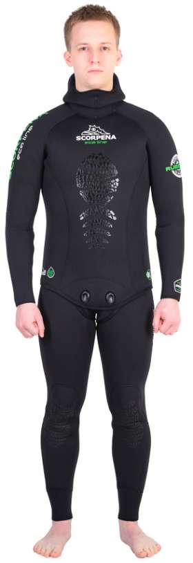 Качественный и удобный гидрокостюм толщиной 7мм «ECOLINE» для подводного плавания от популярного бренда SCORPENA, внутри открытая пора.